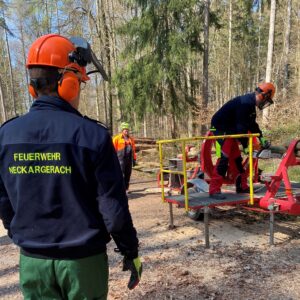 Ein Mann mit einer Feuerwehrjacke schaut einem anderem Mann zu, der gerade an einem liegenden Baum sägt mit einer Kettensäge.