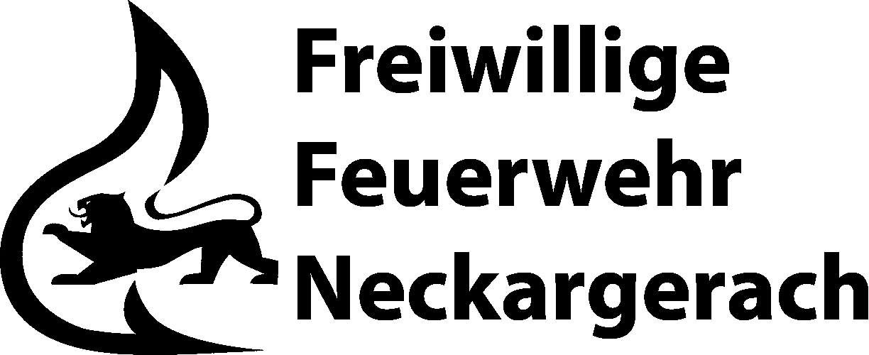 Symbol einer halben Flamme und eines Löwen in Schwarz mit dem Schriftzug "Freiwllige Feuerwehr Neckargerach"