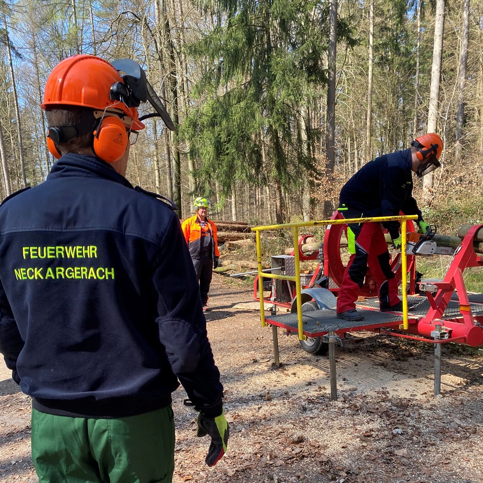 Ein Mann mit einer Feuerwehrjacke schaut einem anderem Mann zu, der gerade an einem liegenden Baum sägt mit einer Kettensäge.